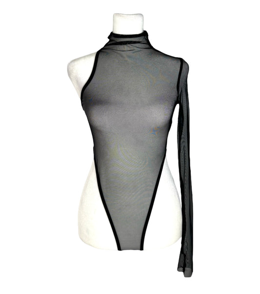 One Sleeve Mesh Turtleneck Bodysuit